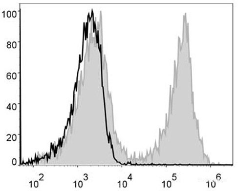 C57BL/6 murine splenocytes are stained with PE/Cyanine5 Anti-Mouse CD19 Antibody (filled gray histogram). Unstained splenocytes (empty black histogram) are used as control.