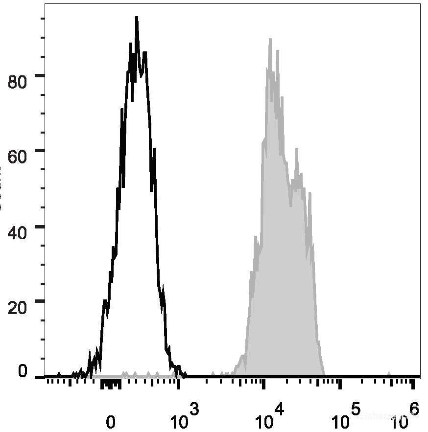 Human peripheral blood lymphocytes are stained with PE Anti-Human CD48 Antibody (filled gray histogram). Unstained lymphocytes (empty black histogram) are used as control.