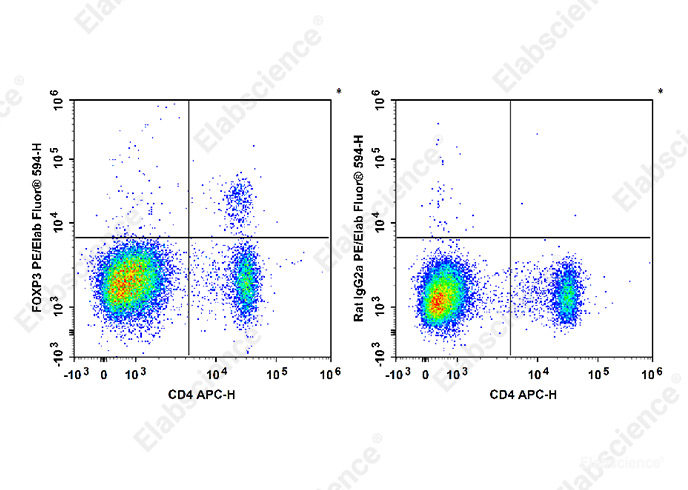 C57BL/6 murine splenocytes are stained with APC Anti-Mouse CD4 Antibody and PE/Elab Fluor<sup>®</sup> 594 Anti-Mouse/Rat Foxp3 Antibody[FJK-16s] (Left). Splenocytes are stained with APC Anti-Mouse CD4 Antibody and PE/Elab Fluor<sup>®</sup> 594 Rat IgG2a, κ Isotype Control (Right).
