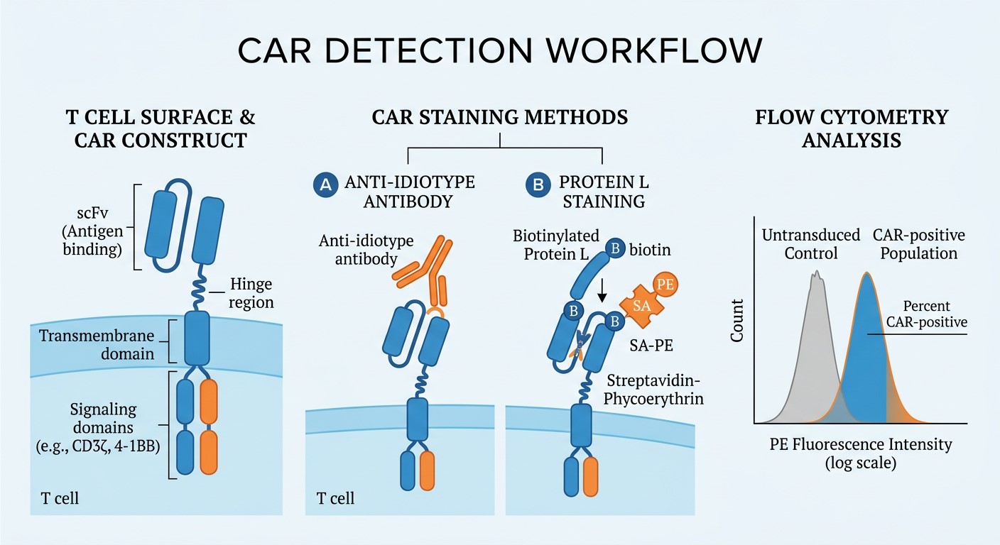  CAR detection workflow by flow cytometry using anti-idiotype antibody and Protein L.