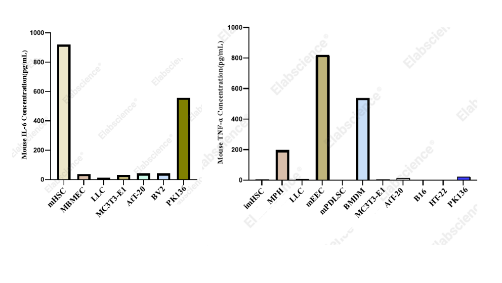 IL-6 and TNF-&alpha; detection across multiple cell lines.