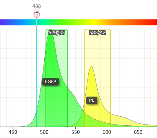 Spectral overlap between EGFP and PE fluorescence signals.