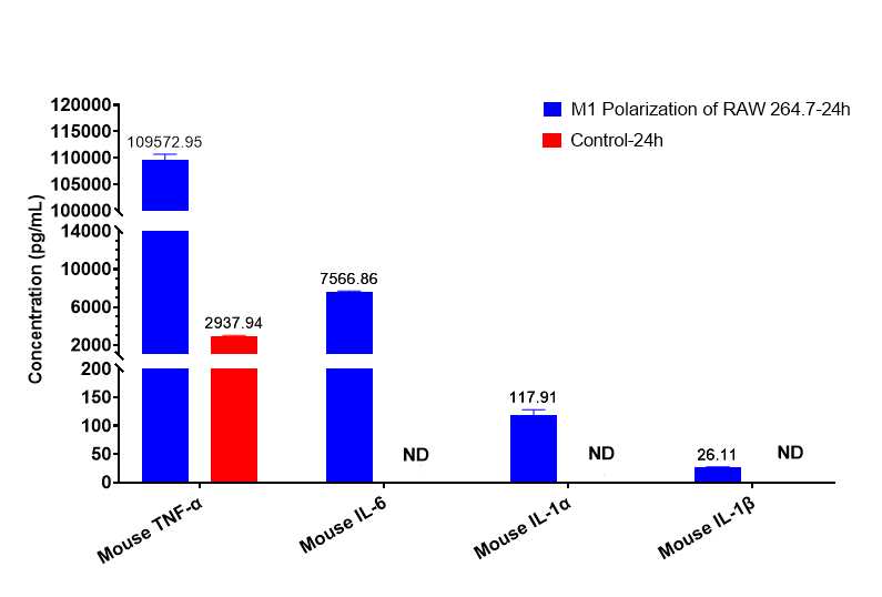 TNF-α, IL-6, IL-1α, and IL-1β levels in M1-polarized RAW264.7 macrophages.
