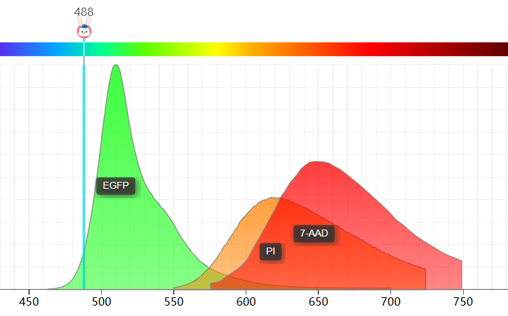 Spectral overlap of EGFP with PI and 7-AAD emission spectra.
