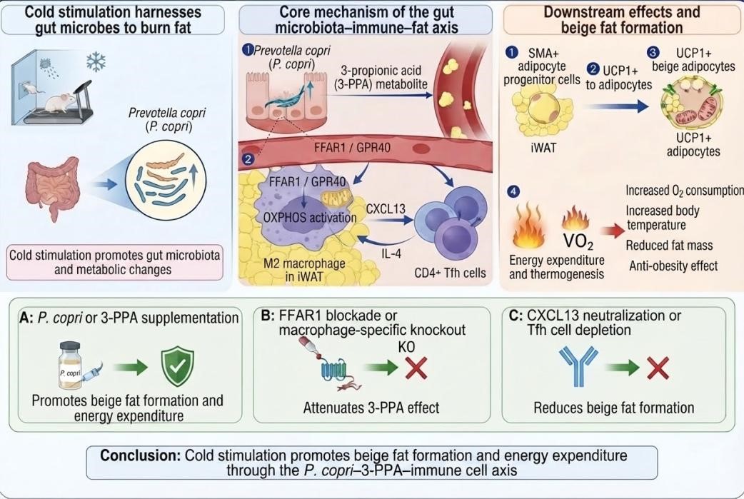 Cold stimulation promotes beige fat formation and energy expenditure.