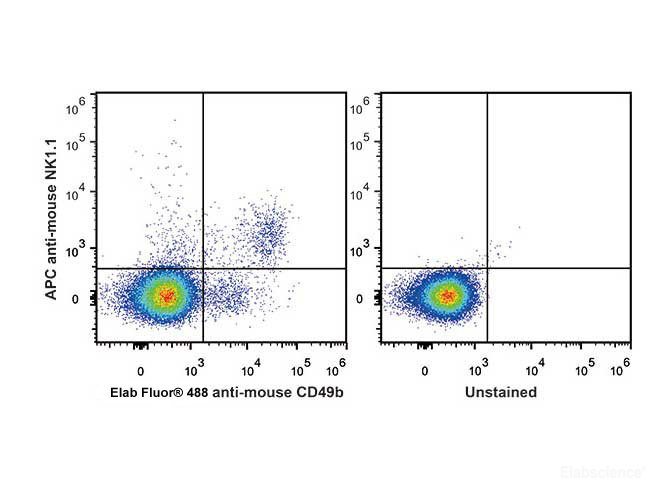 C57BL/6 murine splenocytes are stained with APC Anti-Mouse CD161/NK1.1 Antibody and Elab Fluor<sup>®</sup> 488 Anti-Mouse CD49b Antibody (Left). Unstained splenocytes are used as control.