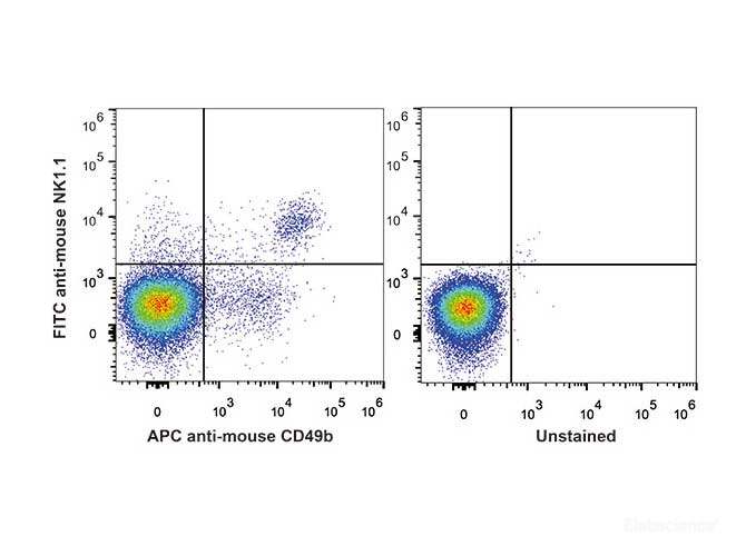 C57BL/6 murine splenocytes are stained with FITC Anti-Mouse CD161/NK1.1 Antibody and APC Anti-Mouse CD49b Antibody (Left). Unstained splenocytes are used as control.