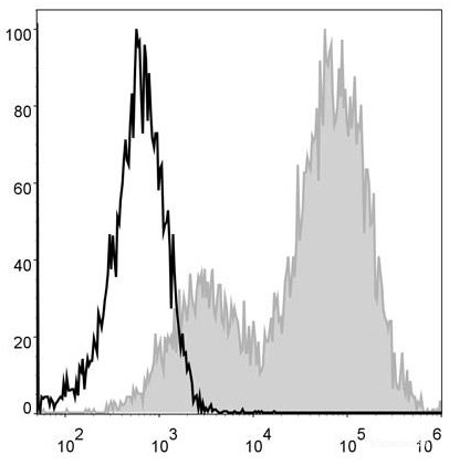 C57BL/6 murine splenocytes are stained with PE/Cyanine5 Anti-Mouse MHC II (I-A/I-E) Antibody (filled gray histogram). Unstained splenocytes (empty black histogram) are used as control.