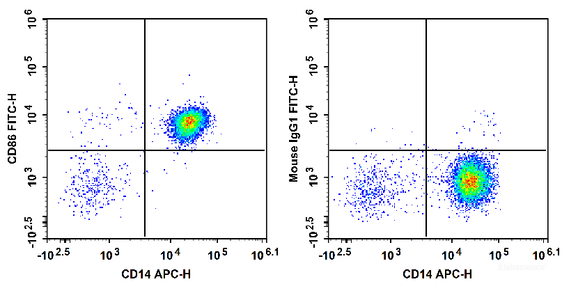 Human peripheral blood are stained with APC Anti-Human CD14 Antibody and FITC Anti-Human CD86 Antibody (Left). Cells in the monocyte gate were used for analysis. Cells are stained with APC Anti-Human CD14 Antibody and FITC Mouse IgG1, κ Isotype Control (Right).