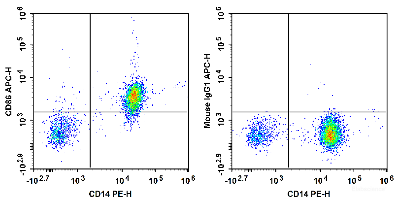Human peripheral blood monocytes are stained with PE Anti-Human CD14 Antibody and APC Anti-Human CD86 Antibody (Left). Monocytes are stained with PE Anti-Human CD14 Antibody and APC Mouse IgG1, κ Isotype Control (Right).