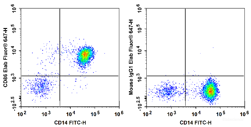 Human peripheral blood monocytes are stained with FITC Anti-Human CD14 Antibody and Elab Fluor<sup>®</sup> 647 Anti-Human CD86 Antibody (Left). Monocytes are stained with FITC Anti-Human CD14 Antibody and Elab Fluor<sup>®</sup> 647 Mouse IgG1, κ Isotype Control (Right).