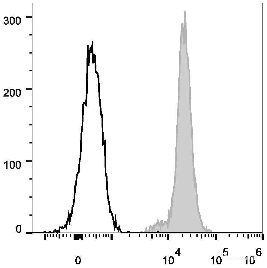 C57BL/6 murine splenocytes are stained with FITC Anti-Human/Mouse/Rat CD47 Antibody (filled gray histogram). Unstained splenocytes (empty black histogram) are used as control.