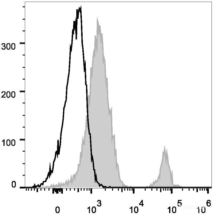 Human peripheral blood lymphocytes are stained with Elab Fluor<sup>®</sup> 488 Anti-Human CD37 Antibody (filled gray histogram). Unstained lymphocytes (empty black histogram) are used as control.