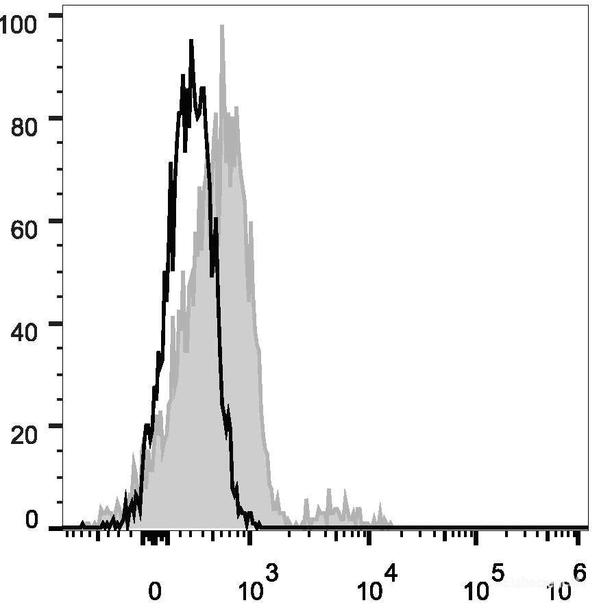 Human peripheral blood lymphocytes are stained with PE Anti-Human CD74 Antibody (filled gray histogram). Unstained lymphocytes (empty black histogram) are used as control.
