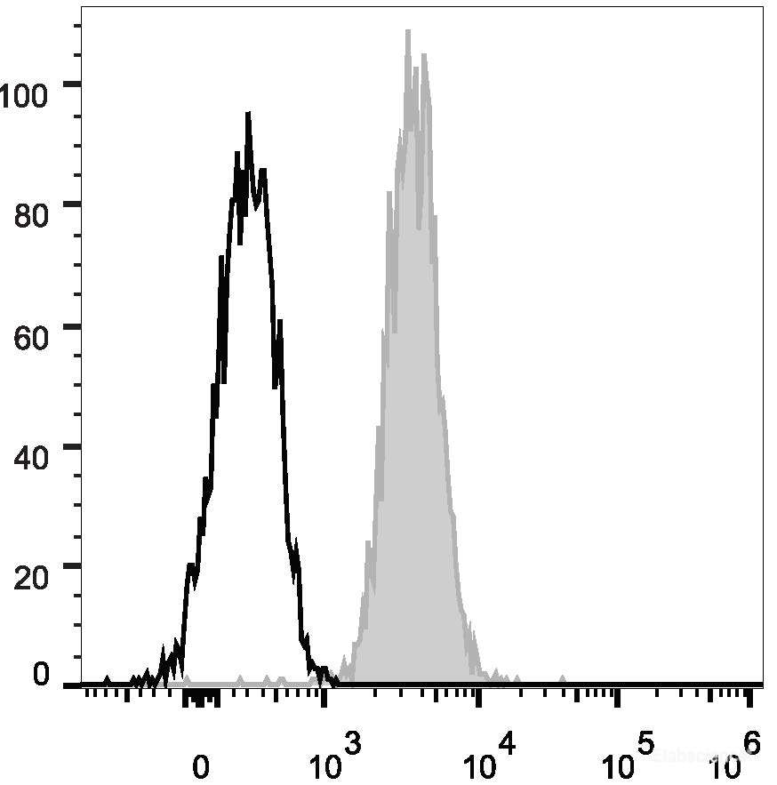 Human peripheral blood lymphocytes are stained with PE Anti-Human CD81 Antibody (filled gray histogram). Unstained lymphocytes (empty black histogram) are used as control.
