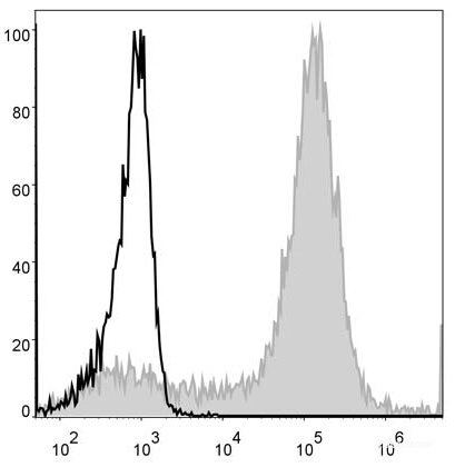 Human bone marrow cells are stained with PE Anti-Mouse/Human CD11b Antibody (filled gray histogram). Unstained bone marrow cells (empty black histogram) are used as control.