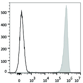 Human peripheral blood lymphocytes are stained with PE/Cyanine7 Anti-Human CD41 Antibody (filled gray histogram). Unstained lymphocytes (empty black histogram) are used as control.