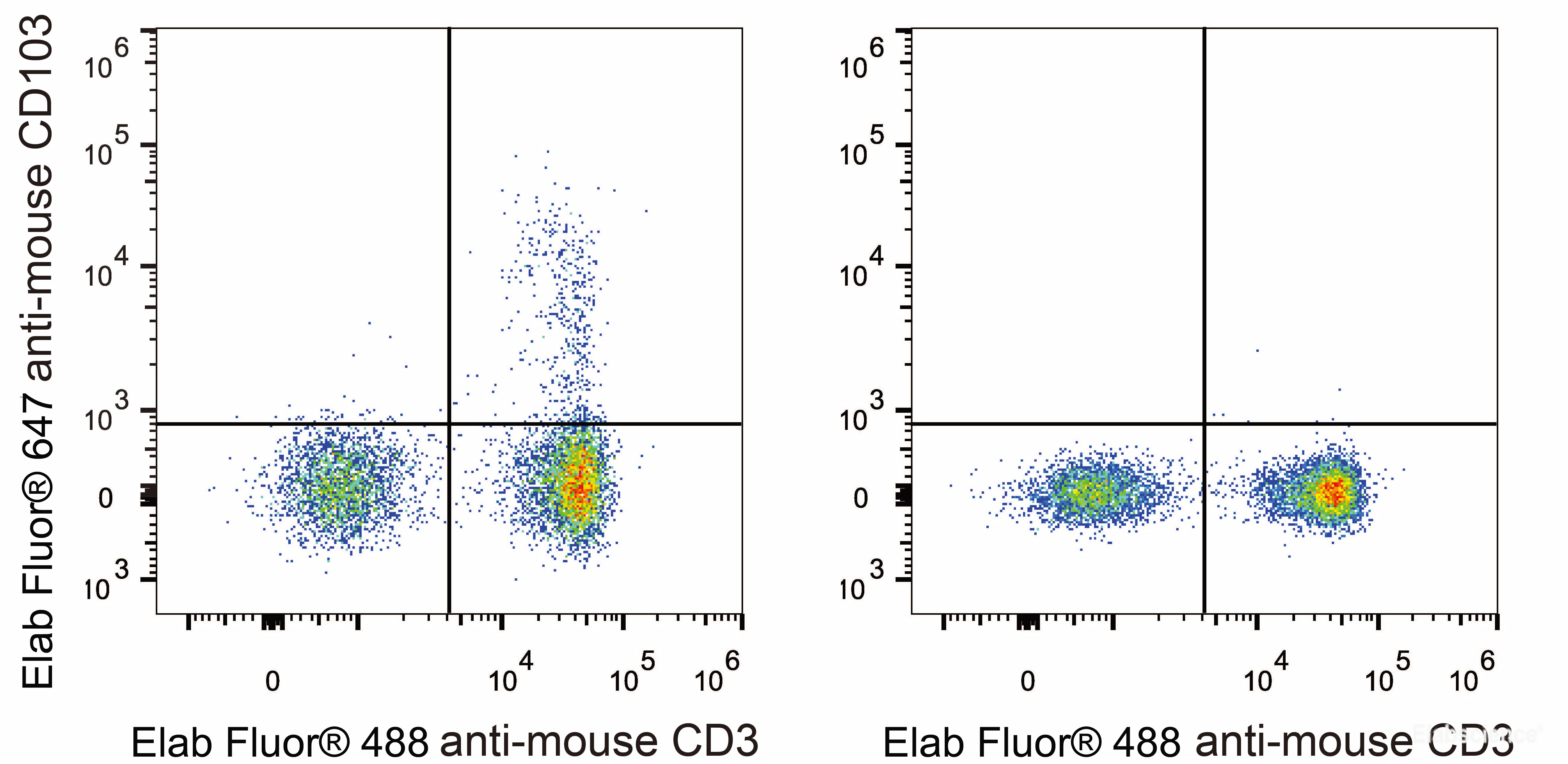 C57BL/6 murine splenocytes are stained with Elab Fluor<sup>®</sup> 647 Anti-Mouse CD103 Antibody and Elab Fluor<sup>®</sup> 488 Anti-Mouse CD3 Antibody (Left). Splenocytes stained with Elab Fluor<sup>®</sup> 488 Anti-Mouse CD3 Antibody (Right) are used as control.