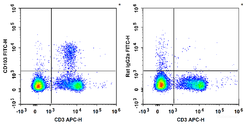 C57BL/6 murine splenocytes are stained with APC Anti-Mouse CD3 Antibody and FITC Anti-Mouse CD103 Antibody (Left). Splenocytes are stained with APC Anti-Mouse CD3 Antibody and FITC Rat IgG2a, κ Isotype Control (Right).