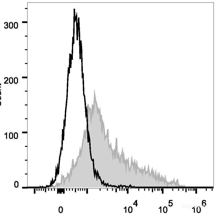 C57BL/6 murine bone marrow cells are stained with PE Anti-Mouse CD106 Antibody (filled gray histogram). Unstained bone marrow cells (empty black histogram) are used as control.