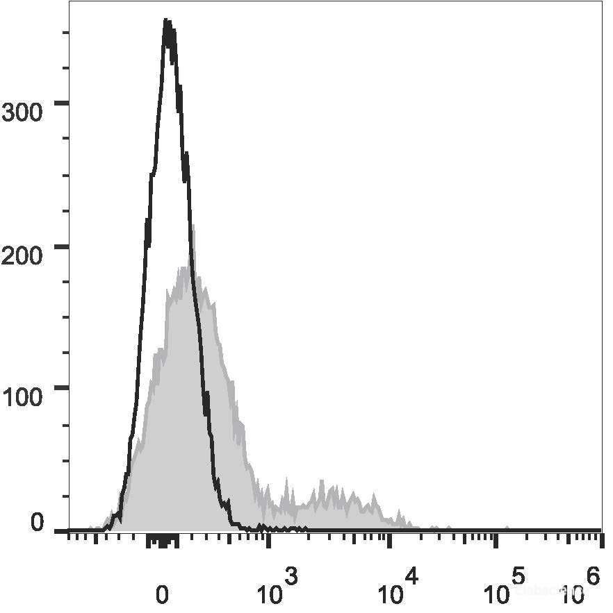 C57BL/6 murine bone marrow cells are stained with APC Anti-Mouse CD106 Antibody (filled gray histogram). Unstained bone marrow cells (empty black histogram) are used as control.
