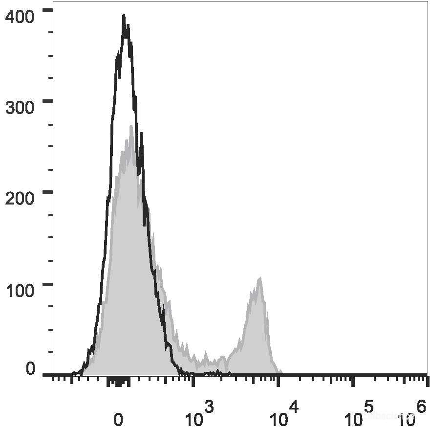 C57BL/6 murine splenocytes are stained with PE/Cyanine7 Anti-Mouse CD8a Antibody (filled gray histogram). Unstained splenocytes (empty black histogram) are used as control.