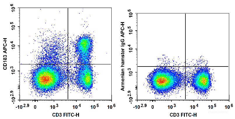 C57BL/6 murine splenocytes are stained with FITC Anti-Mouse CD3 Antibody and APC Anti-Mouse CD183/CXCR3 Antibody (Left). Splenocytes are stained with FITC Anti-Mouse CD3 Antibody and APC Armenian Hamster IgG Isotype Control (Right).