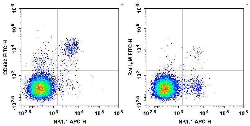 C57BL/6 murine splenocytes are stained with APC Anti-Mouse CD161/NK1.1 Antibody and FITC Anti-Mouse CD49b Antibody (Left). Splenocytes are stained with APC Anti-Mouse CD161/NK1.1 Antibody and FITC Rat IgM, κ Isotype Control (Right).