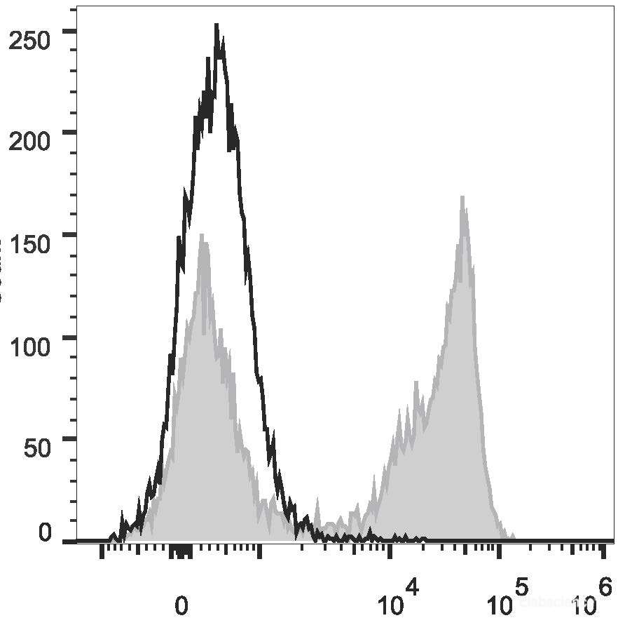 C57BL/6 murine bone marrow cells are stained with PerCP Anti-Mouse Ly-6G/Ly-6C (Gr-1) Antibody (filled gray histogram). Unstained bone marrow cells (empty black histogram) are used as control.