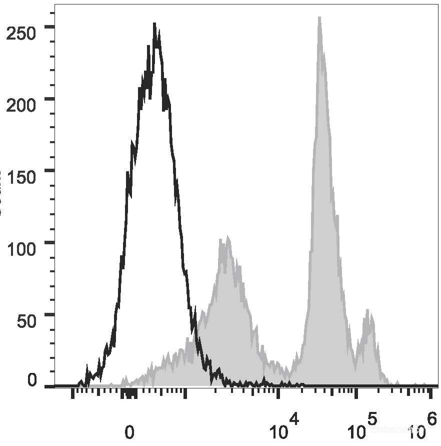 C57BL/6 murine bone marrow cells are stained with PE/Cyanine5.5 Anti-Mouse Ly6C Antibody (filled gray histogram). Unstained bone marrow cells (empty black histogram) are used as control.