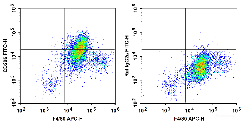 Mouse abdominal macrophages elicited by starch broth preincubated with Purified Rat Anti-Mouse CD16/CD32 antibody are fixed/pemeabilized and then stained with FITC Anti-Mouse CD206 Antibody (filled gray histogram). Unstained cells (empty black histogram) are used as control.