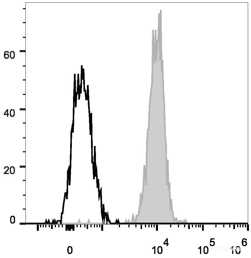 Human peripheral blood granulocytes are stained with PE/Cyanine7 Anti-Human CD10 Antibody (filled gray histogram). Unstained granulocytes (empty black histogram) are used as control.