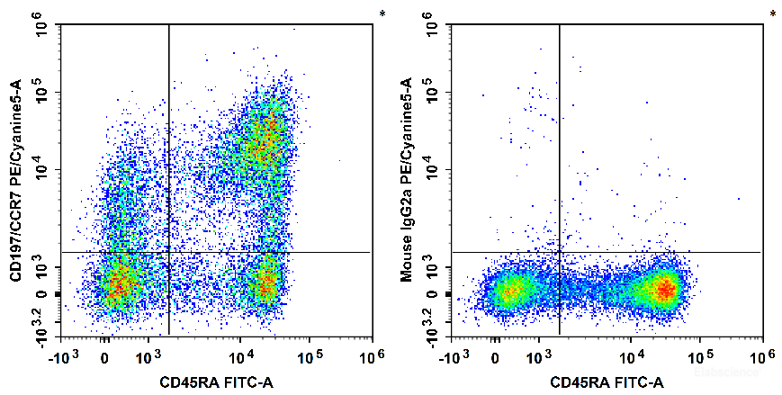 Human peripheral blood lymphocytes are stained with FITC Anti-Human CD45RA Antibody and PE/Cyanine5 Anti-Human CD197/CCR7 Antibody[G043H7] (Left). Lymphocytes are stained with FITC Anti-Human CD45RA Antibody and PE/Cyanine5 Mouse IgG2a, κ Isotype Control (Right).