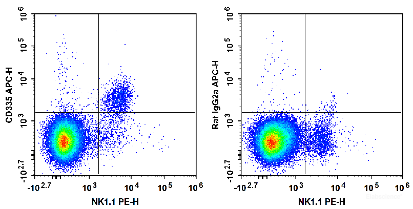C57BL/6 murine splenocytes are stained with PE Anti-Mouse CD161/NK1.1 Antibody and APC Anti-Mouse CD335 Antibody (Left). Splenocytes are stained with PE Anti-Mouse CD161/NK1.1 Antibody and APC Rat IgG2a, κ Isotype Control (Right).