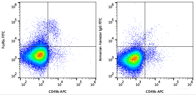 C57BL/6 murine bone marrow cells are stained with APC Anti-Mouse CD49b Antibody and FITC Anti-Mouse FcεRIα Antibody (Left). Bone marrow cells stained with APC Anti-Mouse CD49b Antibody and FITC Armenian Hamster IgG Isotype Control (Right) are used as control.