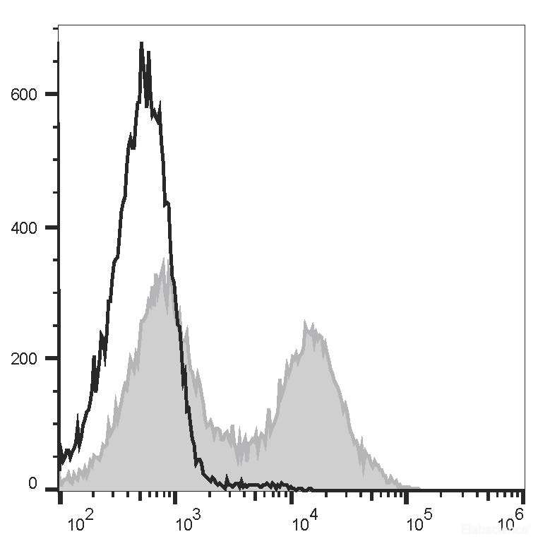 C57BL/6 murine splenocytes are stained with FITC Anti-Mouse CD38 Antibody[NIMR5] (filled gray histogram) or FITC Rat IgG2a, κ Isotype Control (empty black histogram).