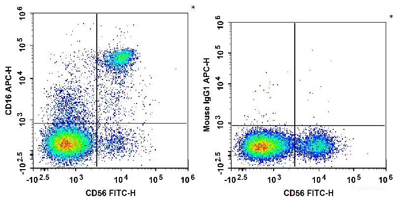 Human peripheral blood lymphocytes are stained with FITC Anti-Human CD56 Antibody and APC Anti-Human CD16 Antibody (Left). Lymphocytes are stained with FITC Anti-Human CD56 Antibody and APC Mouse IgG1, κ Isotype Control (Right).