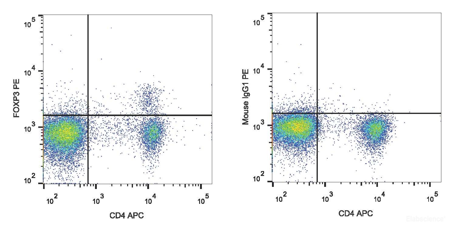 C57BL/6 splenocytes are surface stained with APC Anti-Mouse CD4 Monoclonal Antibody followed by fixation and permeabilization using the Foxp3 Staining/Transcription Factor Buffer Set and intracellular staining with PE Anti-Mouse Foxp3 Monoclonal Antibody.