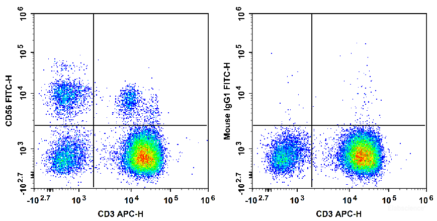 Human peripheral blood lymphocytes are stained with APC Anti-Human CD3 Antibody and FITC Anti-Human CD56 Antibody[5.1H11] (Left). Lymphocytes are stained with APC Anti-Human CD3 Antibody and FITC Mouse IgG1, κ Isotype Control (Right).