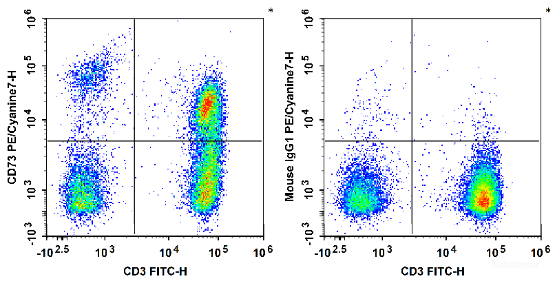 Human peripheral blood lymphocytes are stained with FITC Anti-Human CD3 Antibody and PE/Cyanine7 Anti-Human CD73 Antibody (Left). Lymphocytes are stained with FITC Anti-Human CD3 Antibody and PE/Cyanine7 Mouse IgG1, κ Isotype Control (Right).