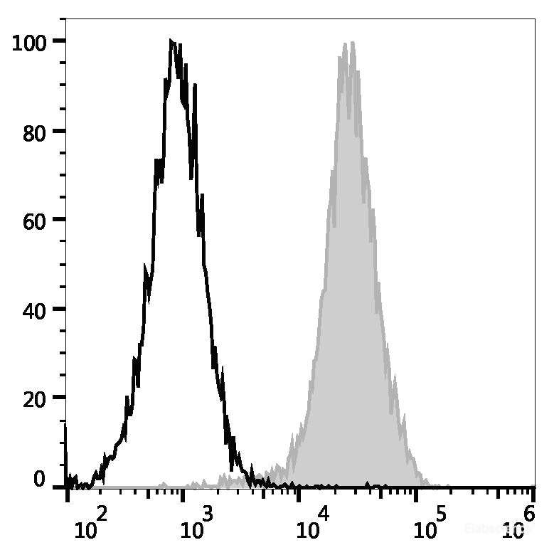 C57BL/6 murine abdominal macrophages elicited by starch broth are stained with PE Anti-Mouse CD107a Antibody (filled gray histogram) or PE Rat IgG2a, κ Isotype Control (empty black histogram).