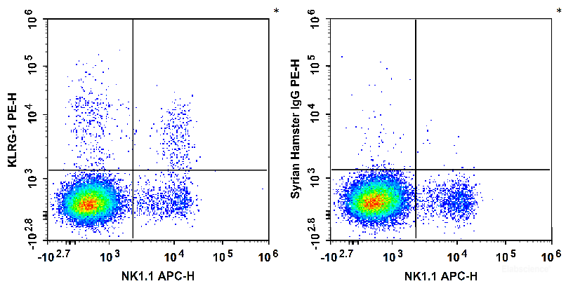 C57BL/6 murine splenocytes are stained with APC Anti-Mouse CD161/NK1.1 Antibody and PE Anti-Human/Mouse KLRG-1 Antibody (Left). Splenocytes are stained with APC Anti-Mouse CD161/NK1.1 Antibody and PE Syrian Hamster IgG Isotype Control (Right).