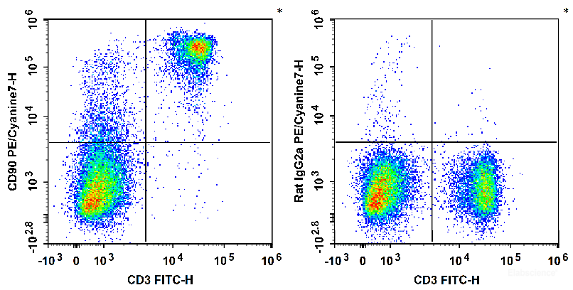 C57BL/6 murine splenocytes are stained with FITC Anti-Mouse CD3 Antibody and PE/Cyanine7 Anti-Mouse CD90 Antibody (Left). Splenocytes are stained with FITC Anti-Mouse CD3 Antibody and PE/Cyanine7 Rat IgG2a, κ Isotype Control (Right).