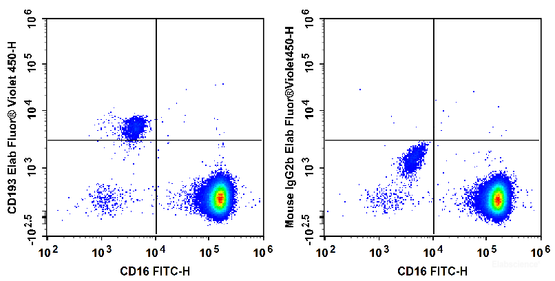 Human peripheral blood granulocytes are stained with FITC Anti-Human CD16 Antibody and Elab Fluor<sup>®</sup> Violet 450 Anti-Human CD193/CCR3 Antibody (Left). Granulocytes are stained with FITC Anti-Human CD16 Antibody and Elab Fluor<sup>®</sup> Violet 450 Mouse IgG2b,κ Isotype Control (Right).