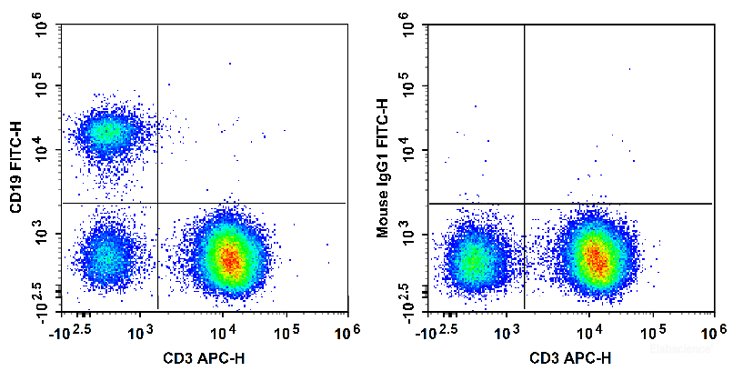 Human peripheral blood lymphocytes are stained with APC Anti-Human CD3 Antibody and FITC Anti-Human CD19 Antibody (Left). Lymphocytes are stained with APC Anti-Human CD3 Antibody and FITC Mouse IgG1, κ Isotype Control (Right).