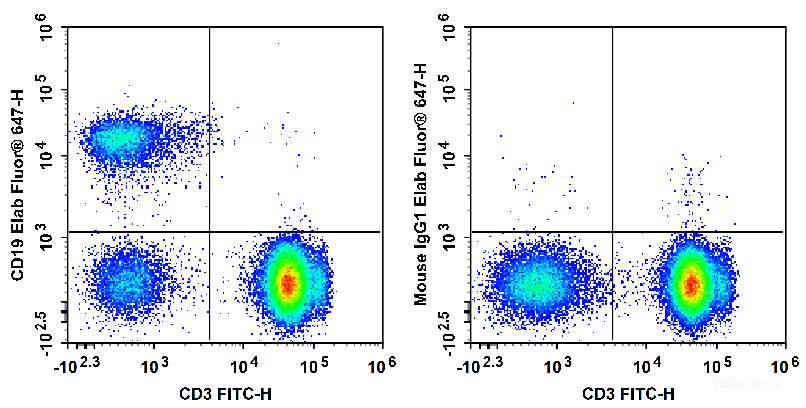 Human peripheral blood lymphocytes are stained with FITC Anti-Human CD3 Antibody and Elab Fluor<sup>®</sup> 647 Anti-Human CD19 Antibody (Left). Lymphocytes are stained with FITC Anti-Human CD3 Antibody and Elab Fluor<sup>®</sup> 647 Mouse IgG1, κ Isotype Control (Right).