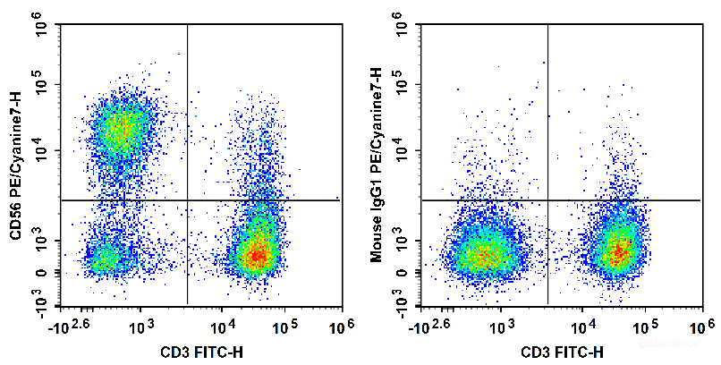 Human peripheral blood lymphocytes are stained with FITC Anti-Human CD3 Antibody and PE/Cyanine7 Anti-Human CD56 Antibody (Left). Lymphocytes are stained with FITC Anti-Human CD3 Antibody and PE/Cyanine7 Mouse IgG1, κ Isotype Control (Right).