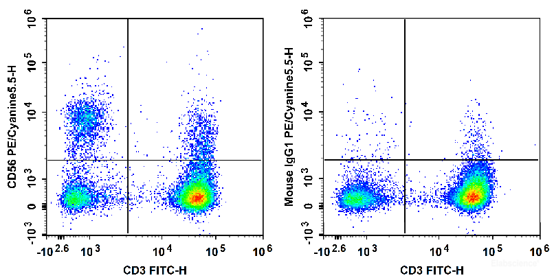 Human peripheral blood lymphocytes are stained with FITC Anti-Human CD3 Antibody and PE/Cyanine5.5 Anti-Human CD56 Antibody (Left). Lymphocytes are stained with FITC Anti-Human CD3 Antibody and PE/Cyanine5.5 Mouse IgG1, κ Isotype Control (Right).