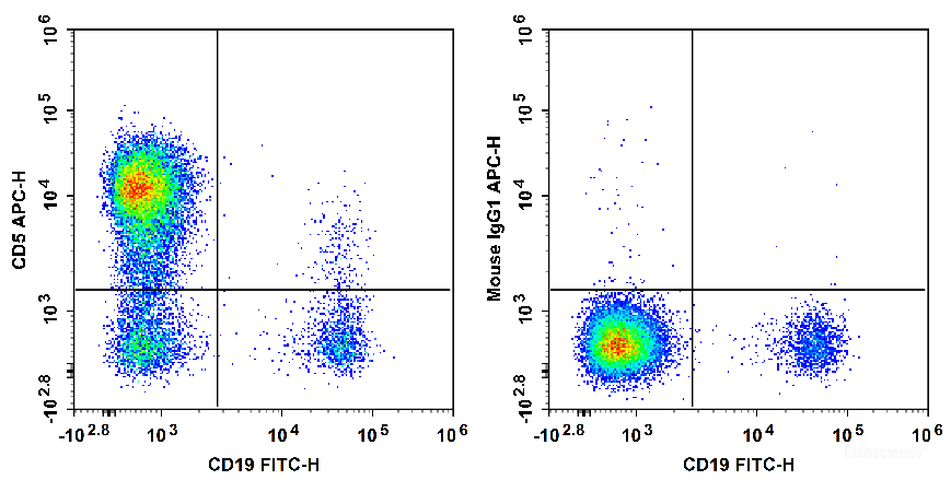 Human peripheral blood lymphocytes are stained with FITC Anti-Human CD19 Antibody and APC Anti-Human CD5 Antibody[HISM2] (Left). Lymphocytes are stained with FITC Anti-Human CD19 Antibody and APC Mouse IgG1, κ Isotype Control (Right).