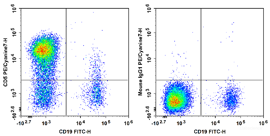 Human peripheral blood lymphocytes are stained with FITC Anti-Human CD19 Antibody and PE/Cyanine7 Anti-Human CD5 Antibody[HISM2] (Left). Lymphocytes are stained with FITC Anti-Human CD19 Antibody and PE/Cyanine7 Mouse IgG1, κ Isotype Control (Right).